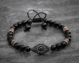 Mens Bracelet Onyx Beaded Evil Eye Bracelet, 925 Silver Jewelry For Men and Women, Black Pumped eye, Beaded Bracelet