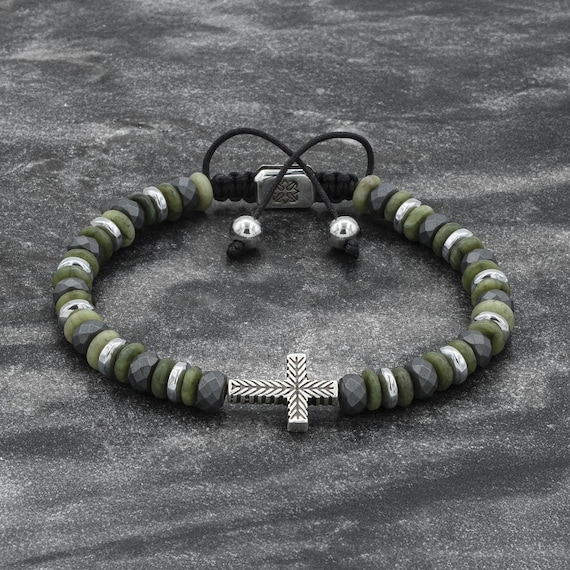 Green Jasper Beaded 925 Silver Cross Bracelet, Mens Silver Cross