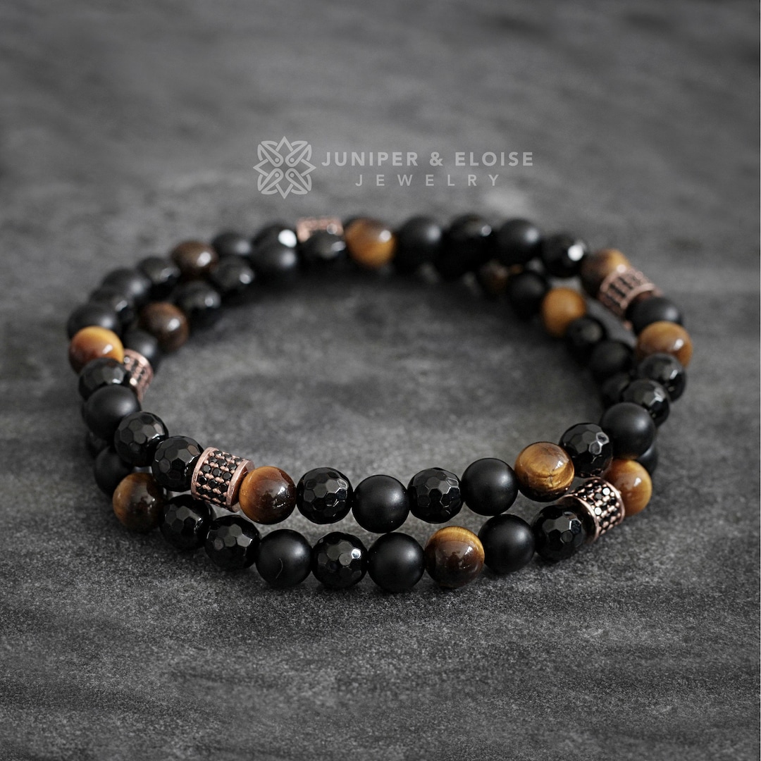 Men's Onyx Tiger Eye Hematite Double Bead Bracelet, Stretch Wrap ...