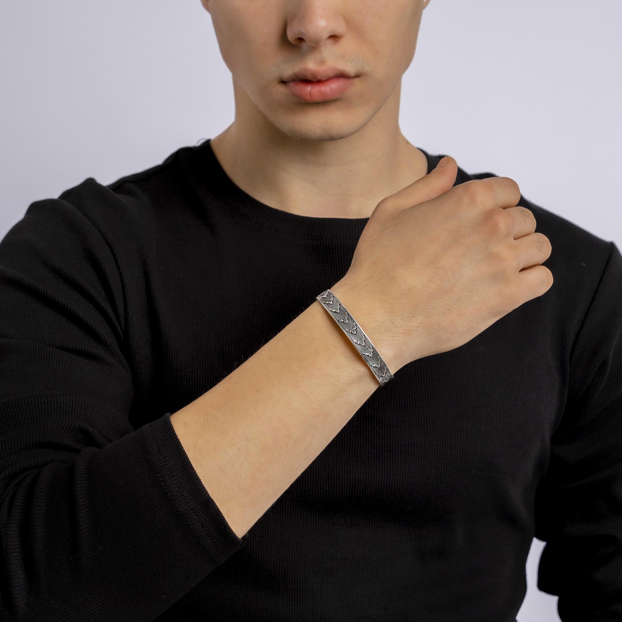 925 Silver Bangle for Men, Mens Cuff With Chevron Mark