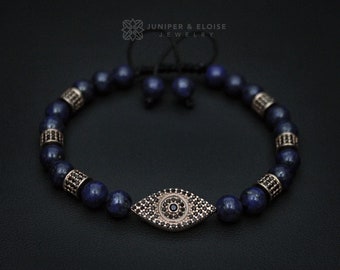 Mens Lapis Lazuli Eye Bracelet, Mens Bracelet, 925 Silver Jewelry For Men and Women, Black Pumped eye, Beaded Bracelet