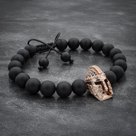 Mens Bracelet Spartan Helmet Bracelet Black Bracelet Rose Gold Helmet with Black Zircon Stones Gift For Men Bracelet For Men Armband