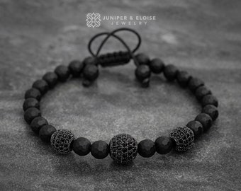 Men's Bracelet, Mens Jewelry, Matte Beaded Bracelet, Onyx Bracelet, Gunmetal Spacer Beads, ブレスレット , Armband