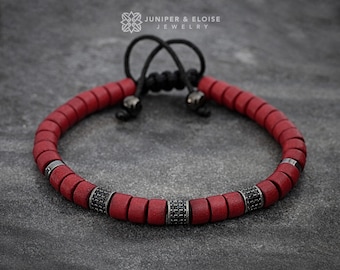 Men's Bracelet, Women's Jewelry, Armband, Red Beaded Bracelet, Cz Diamond Artisan Bracelet, raw stoneGifts For Him