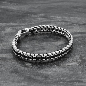 Men’s Black Woven Double Layer Silver Color Box Chain Bracelet, Custom made Jewelry Bracelet For Men, Gifts For Him