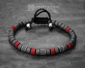 Men's Bracelet, Women's Jewelry, Armband, Red Gray Silver Beaded Bracelet, Cz Diamond Artisan BraceletGifts For Him