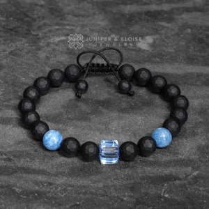 For Him  Light Sapphire Crystal Cube Beaded Bracelet for men and women, Matte Onyx  Bead Bracelet