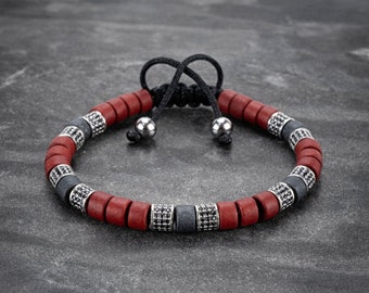 Men's Bracelet, Women's Jewelry, Armband, Red Gray Silver Beaded Bracelet, Cz Diamond Artisan BraceletGifts For Him