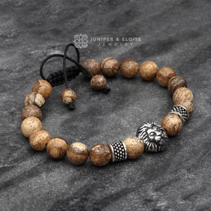 Lion Bracelet  Men&#39;s Bracelet 8mm Brown Jasper Beads and 925 Silver Lion, Jewelry For Men and Women Pulsera, Armband