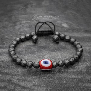 For Him  Red Evil Eye Bracelet, Vogue Fashion Armband Nazar Bead, Matte Gray Hematite Bracelet