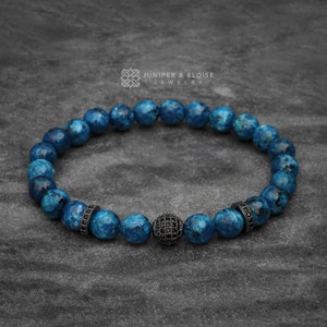 Mens Jewelry, Men's Blue Jade Beaded Bracelet Black Zircon Bracelet image 1