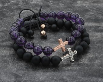 Couples Anniversary Gift, Amethyst and Onyx Beaded Couple Bracelets With Cross , Lovers Bracelet Set, Wedding gifts for couples
