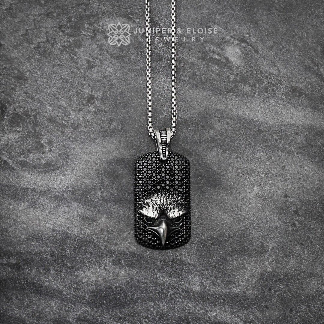 Mens Necklace Gift for Him, Mens 925 Silver Eagle Head Tag Necklace