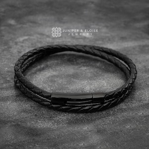 Black Leather Bracelet, Double Wrap Bracelet with Black Steel Closure, Armband, Mens Bracelet Gifts For Him