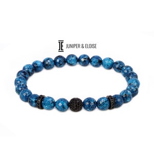 Mens Jewelry, Men's Blue Jade Beaded Bracelet Black Zircon Bracelet image 2