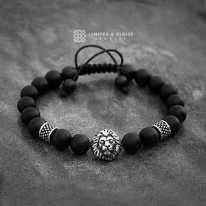 Mens Lion Bracelet 925 Silver Mens Lion Jewelry, Black Beaded Lion King Bracelet, Easter Gifts For Him