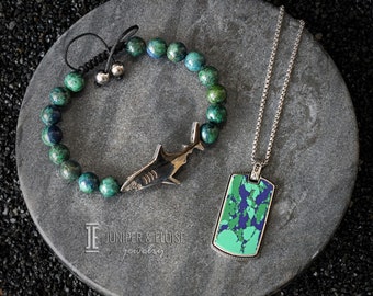 Mens Necklace and Bracelet Set, Azurite Jewelry, Mens Shark Bracelet and Tag Necklace Gift For Him, Boyfriend Gifts For Him