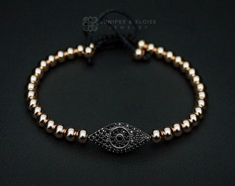 Herren Schwarz Stein Auge Armband, Herren Armband, 925 Silber Schmuck für Männer und Frauen, gepumpt Auge, Perlen Armband