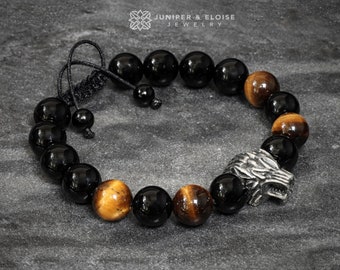 Pulseira Nymeria Wolf, Pulseira masculina de lobo com contas de olho de tigre, Pulseira Stark Wolf, Pulseira para mulheres, Braçadeira, Lobo terrível