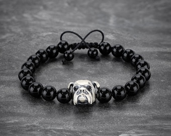 Mens Bracelet, 925 Silver Bulldog charm, Silver Bracelet, Bracelet For Men, Gift For Him, Puppy, Pet Friend, Onyx Bracelet, Armband