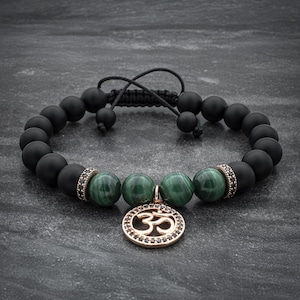 Womens Bracelet OM Bracelet, Malachite Beads, Wrist Mala, Yoga Beads Healing Jewelry, Zen Jewelry, Om Shanti, Aum jewelry