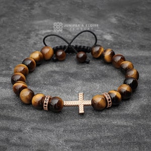 Tigers Eye Beaded Rose Gold Cross Bracelet for men and women Jewelry Bracelet Gift, Cross Jewelry Christian Gifts For Him