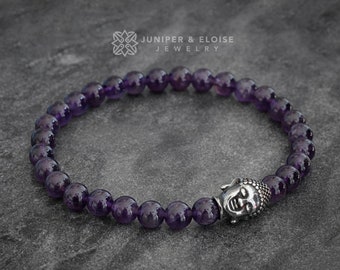 Unique gifts Amethyst Buddha Bracelet Mala Beads Wrist Mala Yoga Zen Jewelry, Om Shanti, Aum jewelry Gifts For Him