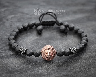 Mens Lion Bracelet, Matte Hematite Bracelet, 925 Silver Lion head, Men's Jewelry, Unisex Bracelet, Gifts For Him