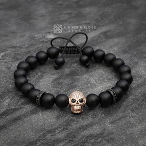 Herren Rose Gold Schädel Armband, Blau Perlen Zirkon Schädel Armband, Cz Diamant Schädel Armband, Damen Schmuck Geschenke für ihn