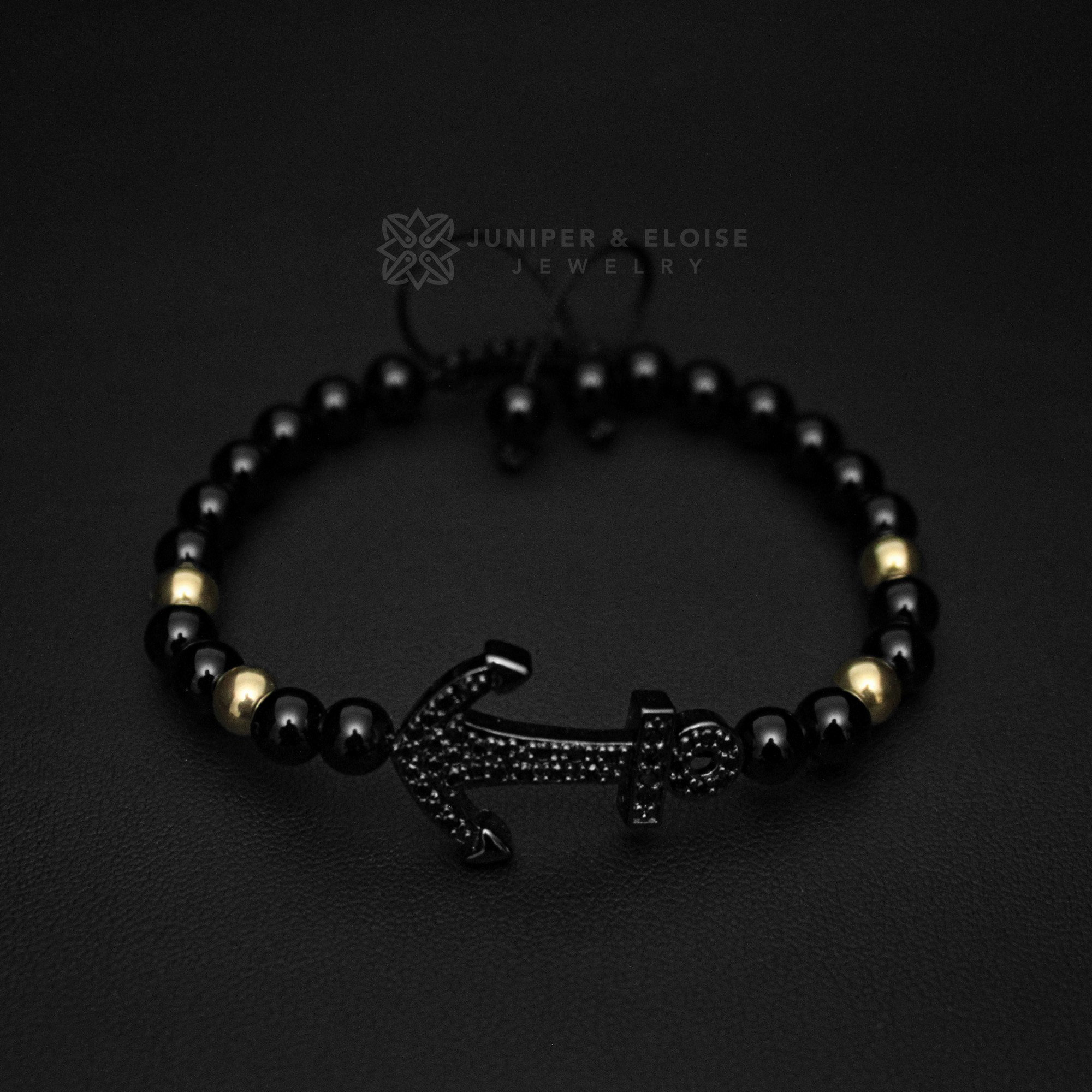 Men's Black Onyx and Jasper Beaded Black Leather Bracelet with Anchor clasp Men's Black Onyx and Jasper Beaded Black Leather Bracelet with Anchor clasp