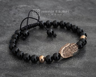 Bracelet Hamsa pour femme, Bracelet de perles Hamsa en or rose, Bracelet Onyx, Bijoux Hamsa pour femme, Main de Fatima