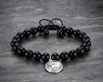 Mens Onyx Bracelet With Water Element Charm, 925 Silver Water Element Bracelet, Gift For Him and Her