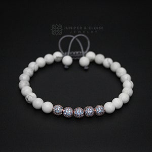 Mens White Beaded Bracelet with Aquamarine Zircon Spacer Beads, Women's Jewelry Anniversary Gift For Him