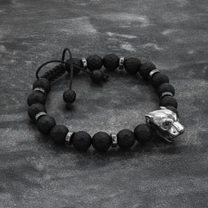 Mens Bracelet Panther Bracelet with Matte Onyx Beads Bracelet, 925 Silver Panther head, Watch Companion, Matte Bracelet Gifts For Him
