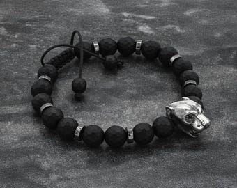 Mens Bracelet Panther Bracelet with Matte Onyx Beads Bracelet, 925 Silver Panther head, Watch Companion, Matte Bracelet Gifts For Him