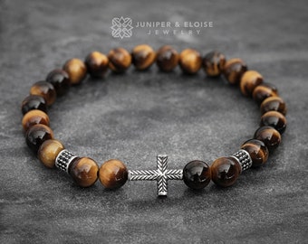 Mens Cross Bracelet Jewelry for Catholic Christians, Tigers Eye Beaded Bracelet Vatican Cross jewelry For Men and Women