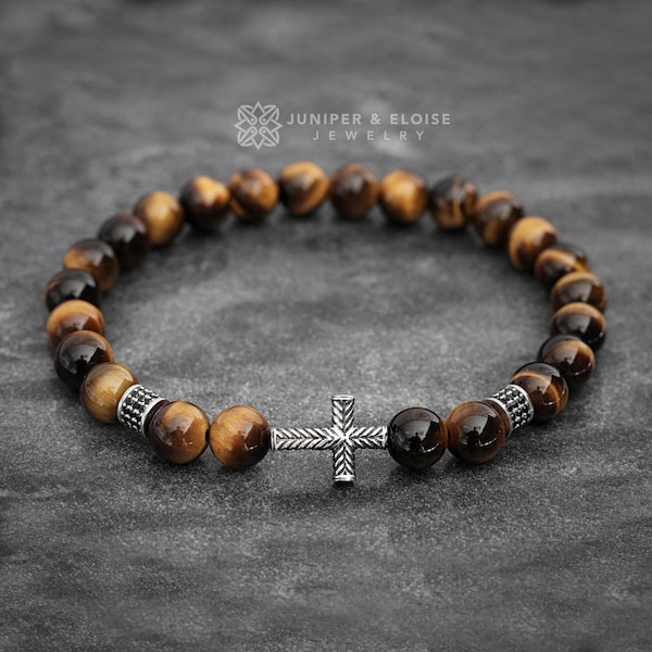 Mens Cross Bracelet Jewelry for Catholic Christians, Tigers Eye Beaded Bracelet Vatican Cross jewelry For Men and Women