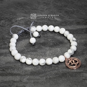 White Ohm Bracelet For Buddhist Yoga Beads Healing Jewelry, Yoga Zen Jewelry, Om Shanti, Aum jewelry Gifts For Him Her