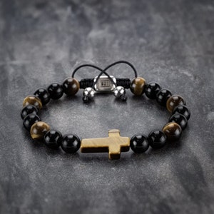 For Him  Mens Tiger&#39;s Eye Stone Cross Bracelet Gift, Jewelry For Men and Women,
