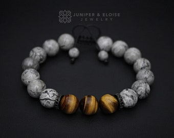 Bracelet homme Bracelet oeil de tigre jaune, Bracelet homme perles de jaspe gris, Bracelet réglable, Bijoux pour homme et femme, Bracelet de pierres précieuses