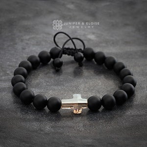 Golden Shadow Crystal Cross Bead Bracelet for men and women Jewelry Christian gifts, Matte Onyx Bracelet