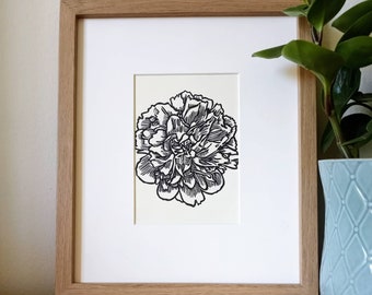 Peony original handmade unframed 5x7 linocut print, black ink on cream cardstock.  Peony art, flower art, peony print, peonies art, 5x7 art.