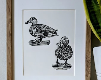Mallard Ducks original 8x10 handmade linocut print, black ink on cream cardstock. Ducks art, bird art, bird print, Mallard ducks, wall art.