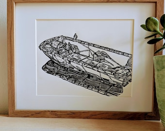 New! Pigeons in a Rowboat original 8x10 handmade print (unframed). Black ink on cream cardstock.