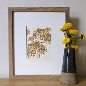 Coneflowers original handmade 5x7 linocut print, unframed, yellow ochre (deep mustard) ink on cream cardstock. 5x7 art, gallery wall art.