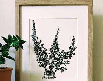 Snapdragons original handmade 8x10 unframed linocut print, (black ink),  flower art, flower print, wall art, 8x10 linocut, snapdragons