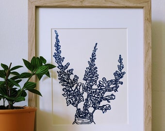 Snapdragons original handmade 8x10 unframed linocut print, blue ink on cream cardstock.  Flower art, flower print, wall art, linocut print.