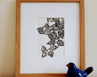 Ivy original handmade 5x7 linocut print, unframed, black ink on cream cardstock. Gallery wall art, plant art, ivy print, handcarved, 5x7 art