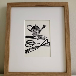 Container Gardening Tools original handmade 5x7 linocut print, unframed. Gallery wall art, gardener gift, wall decor, 5x7 art, plant art