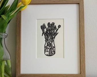 Tulips original 5x7 handcarved and handprinted unframed linocut print, on soft white cardstock  Flower art, tulip art, gallery wall art.